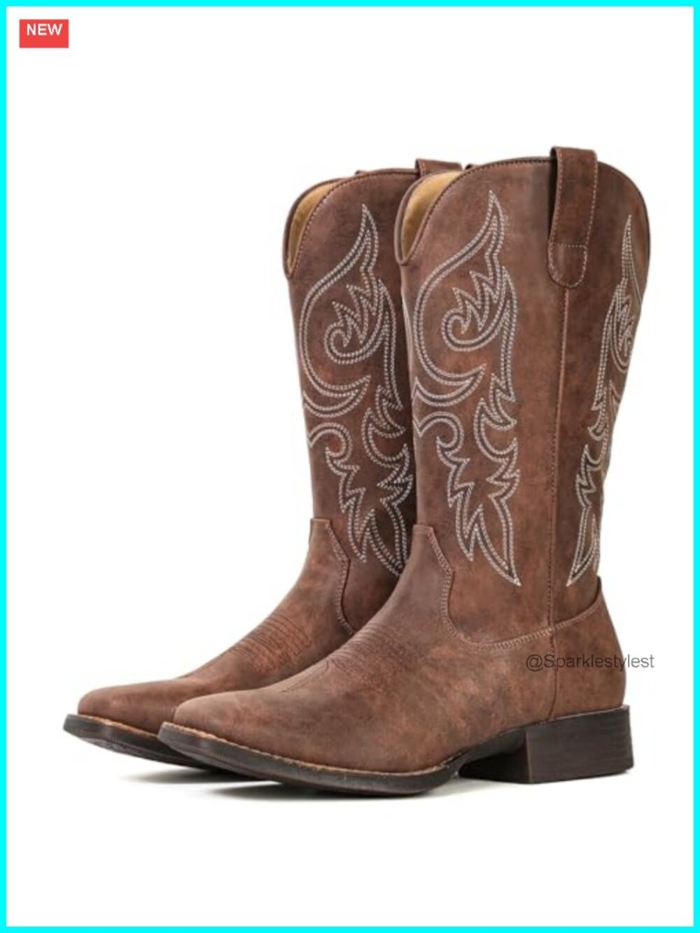 IUV Womens Mid Calf Cowboy Boots Square Toe Embroidered Pull On